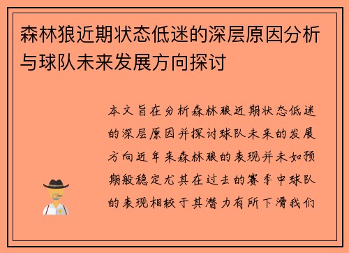 森林狼近期状态低迷的深层原因分析与球队未来发展方向探讨