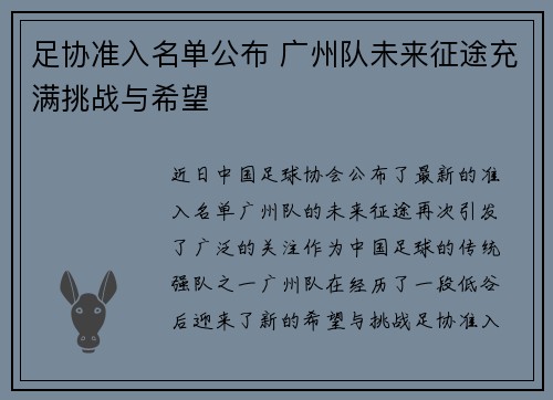 足协准入名单公布 广州队未来征途充满挑战与希望 足协准入名单公布 广州队未来征途充满挑战与希望